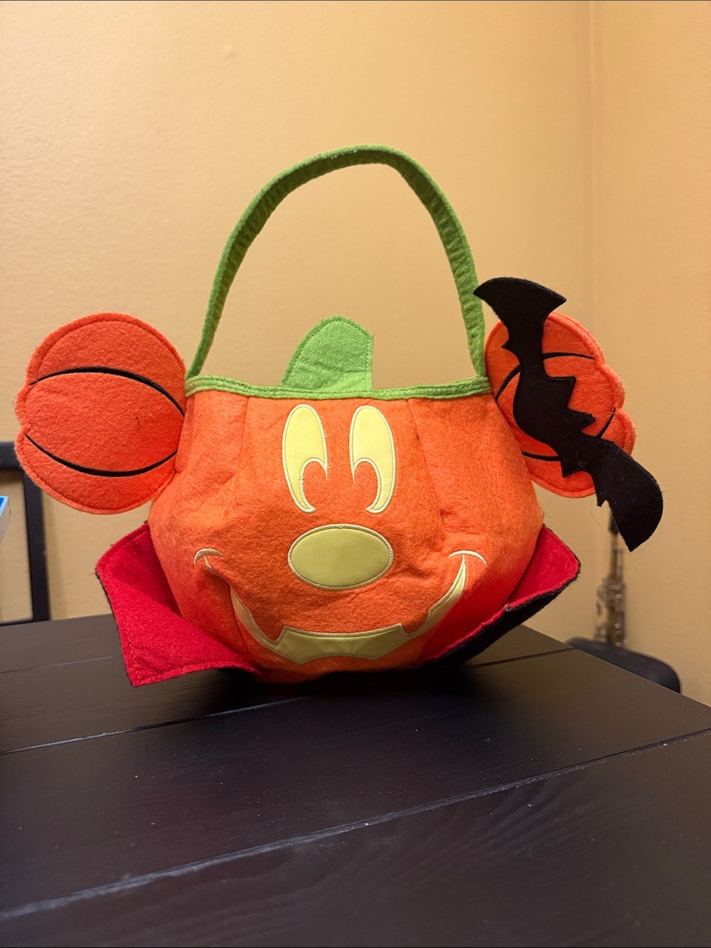 Mickey Mouse Halloween Orange Pumpkin Trick-or-Treat Basket with Green Handle
